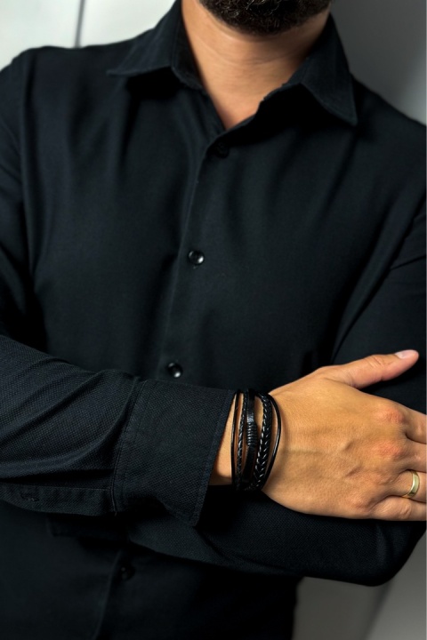 Czarna bransoletka rzemykowa ze skóry ekologicznej i stali nierdzewnej