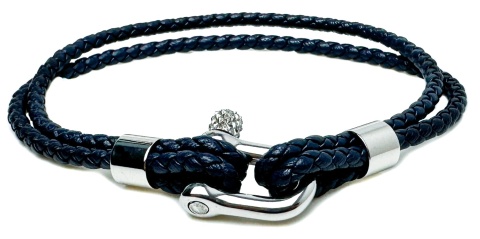 Niebieska bransoletka rzemykowa ze skóry ekologicznej, ze stalową szeklą i motywem marynistycznym - żeglarskim