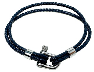 Niebieska bransoletka rzemykowa ze skóry ekologicznej, ze stalową szeklą i motywem marynistycznym - żeglarskim