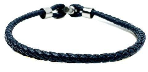 Niebieska bransoletka rzemykowa ze skóry ekologicznej, ze stalową szeklą i motywem marynistycznym - żeglarskim