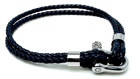 Niebieska bransoletka rzemykowa ze skóry ekologicznej, ze stalową szeklą i motywem marynistycznym - żeglarskim