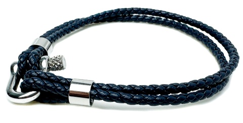 Niebieska bransoletka rzemykowa ze skóry ekologicznej, ze stalową szeklą i motywem marynistycznym - żeglarskim