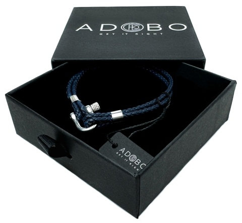 Niebieska bransoletka rzemykowa ze skóry ekologicznej, ze stalową szeklą i motywem marynistycznym - żeglarskim