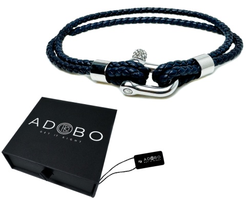 Niebieska bransoletka rzemykowa ze skóry ekologicznej, ze stalową szeklą i motywem marynistycznym - żeglarskim