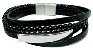 Czarna bransoletka rzemykowa ze skóry ekologicznej i stali nierdzewnej, ze splotem czarnych koralików i stalową blaszką
