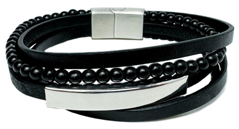 Czarna bransoletka rzemykowa ze skóry ekologicznej i stali nierdzewnej, ze splotem czarnych koralików i stalową blaszką