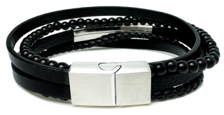 Czarna bransoletka rzemykowa ze skóry ekologicznej i stali nierdzewnej, ze splotem czarnych koralików i stalową blaszką