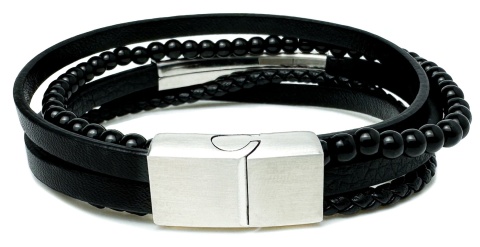 Czarna bransoletka rzemykowa ze skóry ekologicznej i stali nierdzewnej, ze splotem czarnych koralików i stalową blaszką