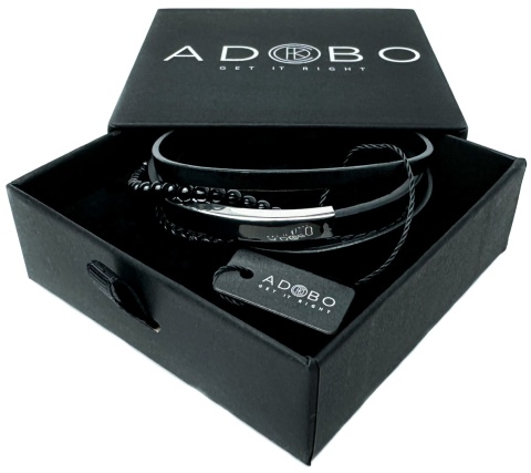 Czarna bransoletka rzemykowa ze skóry ekologicznej i stali nierdzewnej, ze splotem czarnych koralików i stalową blaszką