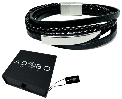 Czarna bransoletka rzemykowa ze skóry ekologicznej i stali nierdzewnej, ze splotem czarnych koralików i stalową blaszką
