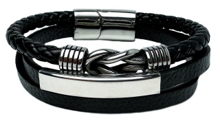Czarna bransoletka rzemykowa ze skóry ekologicznej i stali nierdzewnej, z ozdobnym stalowym węzłem