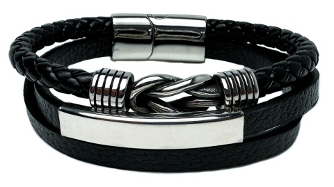 Czarna bransoletka rzemykowa ze skóry ekologicznej i stali nierdzewnej, z ozdobnym stalowym węzłem