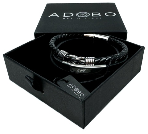 Czarna bransoletka rzemykowa ze skóry ekologicznej i stali nierdzewnej, z ozdobnym stalowym węzłem