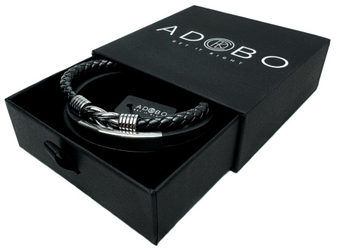 Czarna bransoletka rzemykowa ze skóry ekologicznej i stali nierdzewnej, z ozdobnym stalowym węzłem