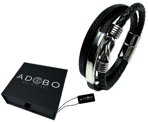 Czarna bransoletka rzemykowa ze skóry ekologicznej i stali nierdzewnej, z ozdobnym stalowym węzłem