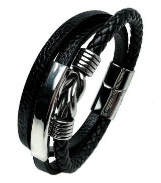 Czarna bransoletka rzemykowa ze skóry ekologicznej i stali nierdzewnej, z ozdobnym stalowym węzłem