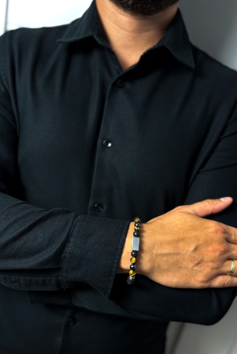 Brązowa bransoletka kulkowa z naturalnego kamienia tygrysie oko, ze skały wulkanicznej i stali nierdzewnej