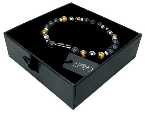 Brązowa bransoletka kulkowa z naturalnego kamienia tygrysie oko, ze skały wulkanicznej i stali nierdzewnej