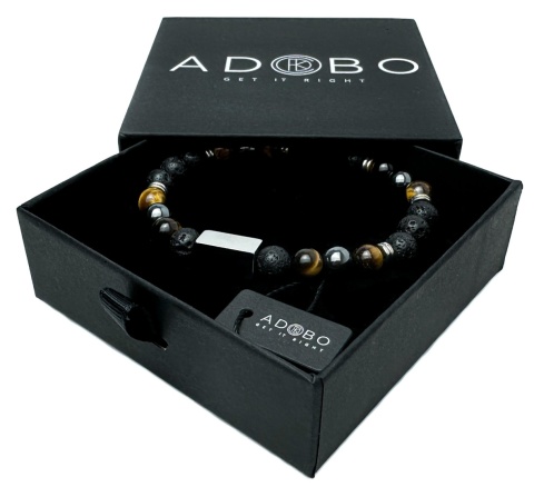 Brązowa bransoletka kulkowa z naturalnego kamienia tygrysie oko, ze skały wulkanicznej i stali nierdzewnej