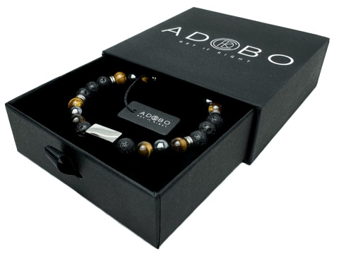 Brązowa bransoletka kulkowa z naturalnego kamienia tygrysie oko, ze skały wulkanicznej i stali nierdzewnej