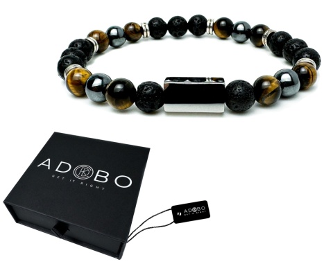 Brązowa bransoletka kulkowa z naturalnego kamienia tygrysie oko, ze skały wulkanicznej i stali nierdzewnej