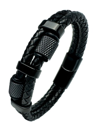 Czarna bransoletka rzemykowa ze skóry ekologicznej i stali nierdzewnej, z ozdobnymi koralikami