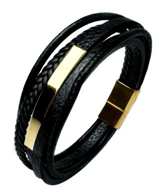 Czarna bransoletka rzemykowa ze skóry ekologicznej i zdobieniami ze stali nierdzewnej, w złotym kolorze