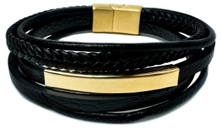 Czarna bransoletka rzemykowa ze skóry ekologicznej i zdobieniami ze stali nierdzewnej, w złotym kolorze