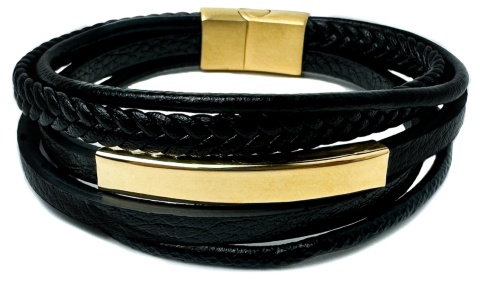 Czarna bransoletka rzemykowa ze skóry ekologicznej i zdobieniami ze stali nierdzewnej, w złotym kolorze