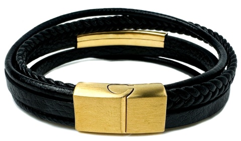 Czarna bransoletka rzemykowa ze skóry ekologicznej i zdobieniami ze stali nierdzewnej, w złotym kolorze