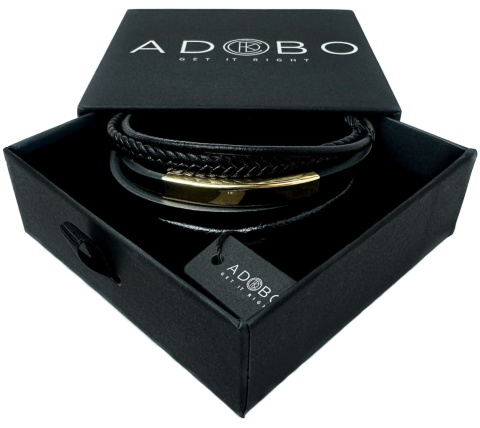 Czarna bransoletka rzemykowa ze skóry ekologicznej i zdobieniami ze stali nierdzewnej, w złotym kolorze