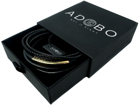 Czarna bransoletka rzemykowa ze skóry ekologicznej i zdobieniami ze stali nierdzewnej, w złotym kolorze