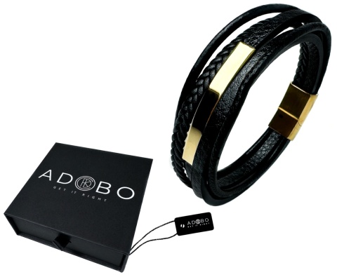 Czarna bransoletka rzemykowa ze skóry ekologicznej i zdobieniami ze stali nierdzewnej, w złotym kolorze