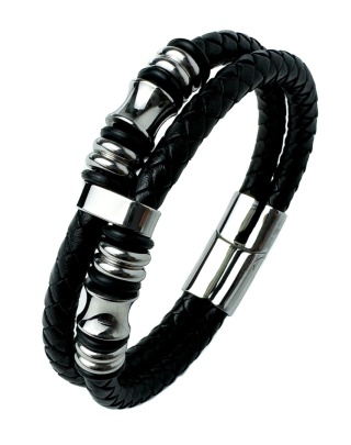 Czarna bransoletka rzemykowa ze skóry ekologicznej i stali nierdzewnej, z ozdobnymi koralikami