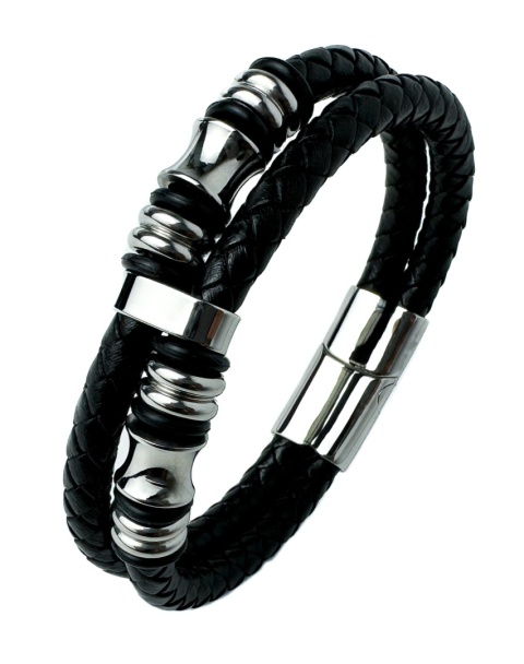 Czarna bransoletka rzemykowa ze skóry ekologicznej i stali nierdzewnej, z ozdobnymi koralikami