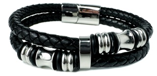 Czarna bransoletka rzemykowa ze skóry ekologicznej i stali nierdzewnej, z ozdobnymi koralikami