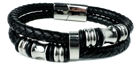 Czarna bransoletka rzemykowa ze skóry ekologicznej i stali nierdzewnej, z ozdobnymi koralikami