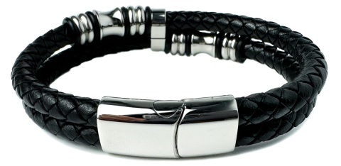 Czarna bransoletka rzemykowa ze skóry ekologicznej i stali nierdzewnej, z ozdobnymi koralikami