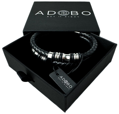 Czarna bransoletka rzemykowa ze skóry ekologicznej i stali nierdzewnej, z ozdobnymi koralikami