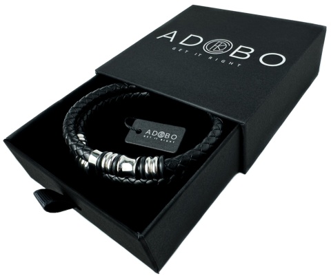 Czarna bransoletka rzemykowa ze skóry ekologicznej i stali nierdzewnej, z ozdobnymi koralikami