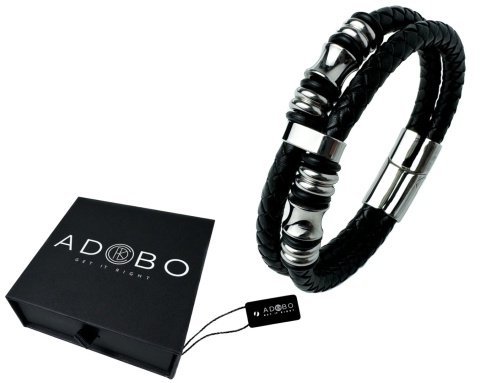 Czarna bransoletka rzemykowa ze skóry ekologicznej i stali nierdzewnej, z ozdobnymi koralikami