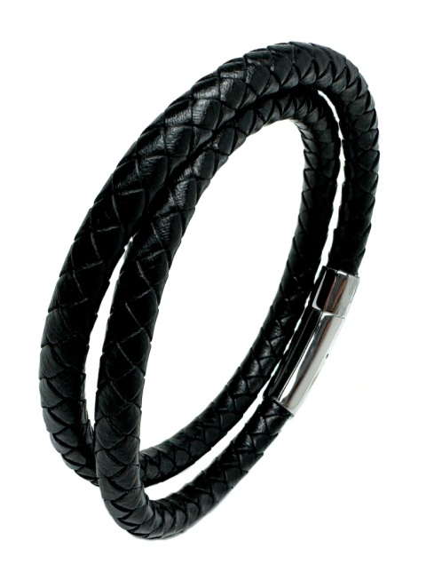 Czarna bransoletka rzemykowa ze skóry ekologicznej i stali nierdzewnej, z podwójnym zawijanym splotem rzemykowym