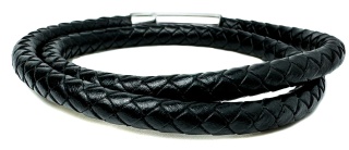 Czarna bransoletka rzemykowa ze skóry ekologicznej i stali nierdzewnej, z podwójnym zawijanym splotem rzemykowym
