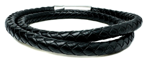 Czarna bransoletka rzemykowa ze skóry ekologicznej i stali nierdzewnej, z podwójnym zawijanym splotem rzemykowym