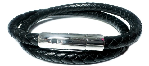 Czarna bransoletka rzemykowa ze skóry ekologicznej i stali nierdzewnej, z podwójnym zawijanym splotem rzemykowym