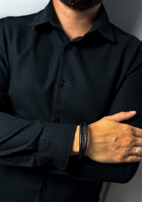 Czarna bransoletka rzemykowa ze skóry ekologicznej i stali nierdzewnej, z podwójnym zawijanym splotem rzemykowym