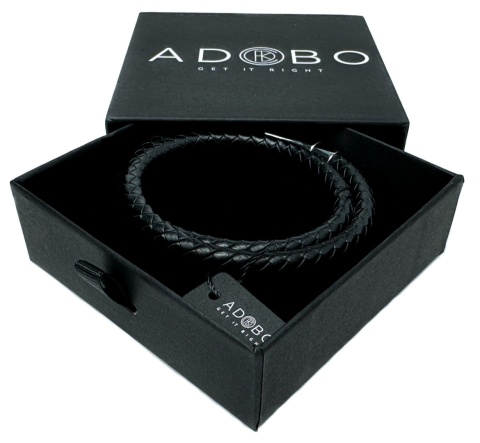 Czarna bransoletka rzemykowa ze skóry ekologicznej i stali nierdzewnej, z podwójnym zawijanym splotem rzemykowym