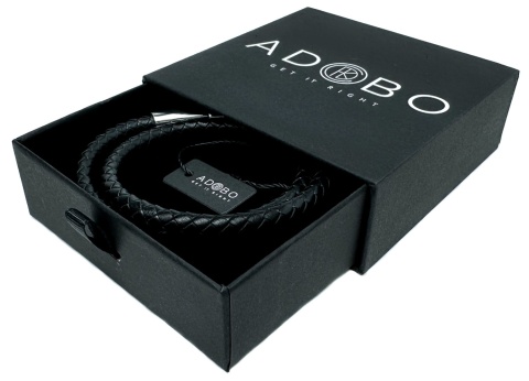 Czarna bransoletka rzemykowa ze skóry ekologicznej i stali nierdzewnej, z podwójnym zawijanym splotem rzemykowym