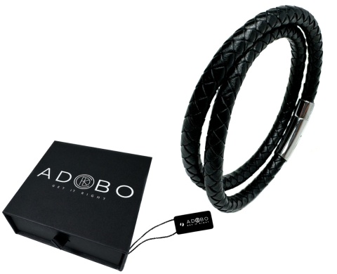 Czarna bransoletka rzemykowa ze skóry ekologicznej i stali nierdzewnej, z podwójnym zawijanym splotem rzemykowym