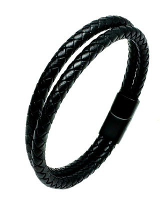 Czarna bransoletka rzemykowa ze skóry ekologicznej i stali nierdzewnej, z podwójnym splotem rzemykowym